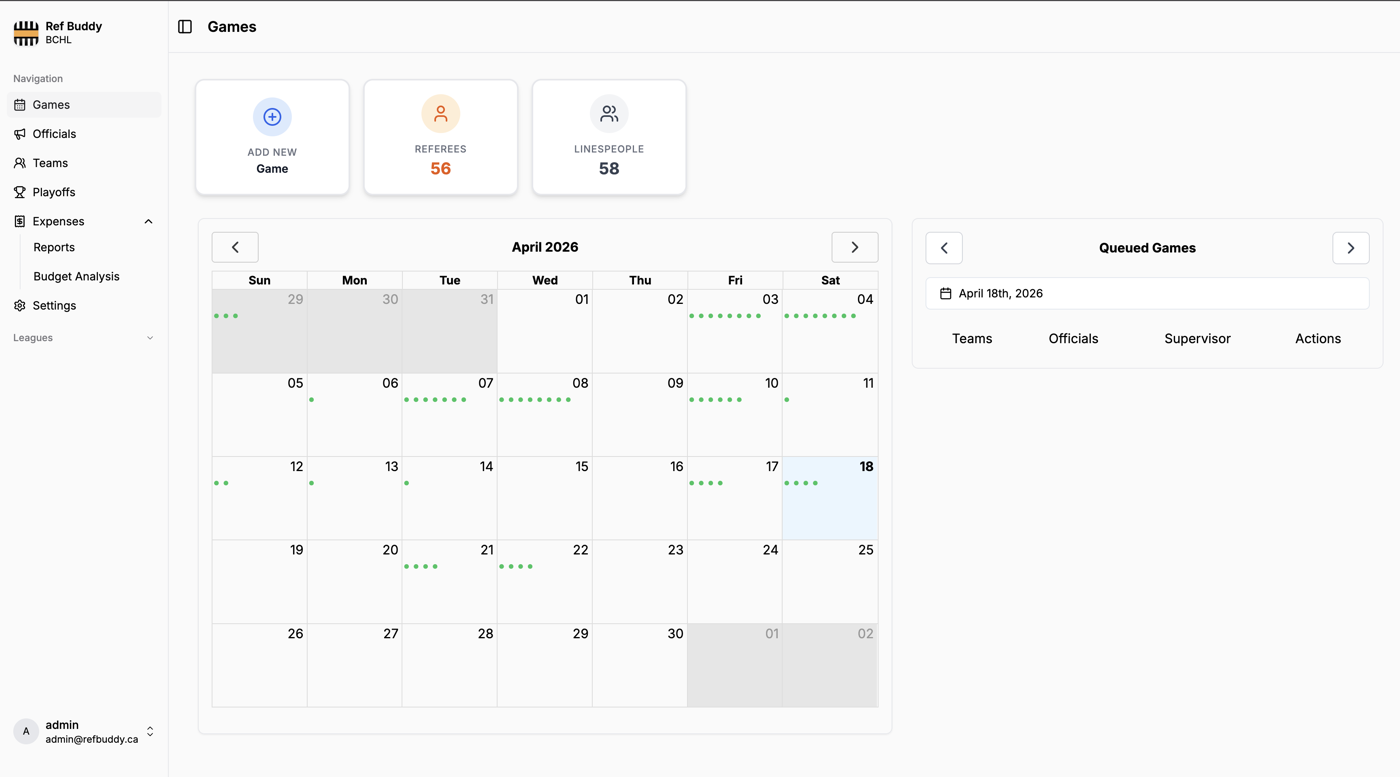 Ref Buddy assignor dashboard sidebar with games calendar